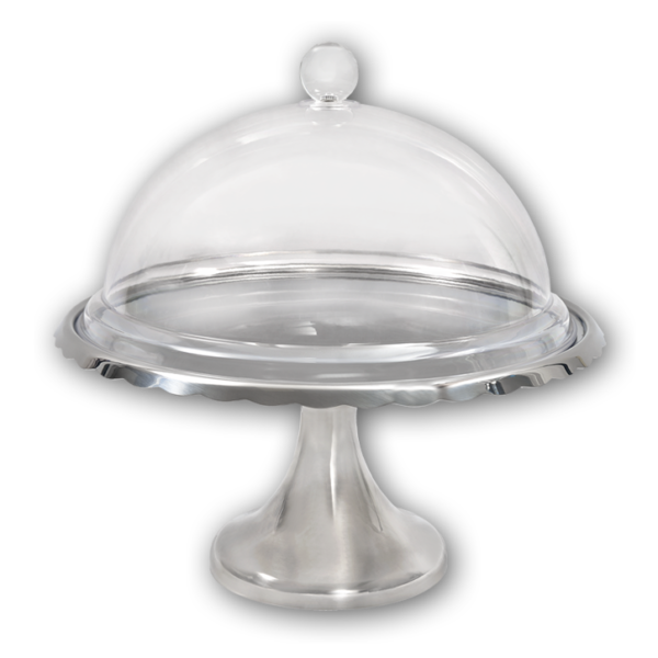 18/10 Stainless Steel Cake Stand with Acrylic dome-shaped cover and handle. 10" diameter.